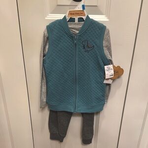 🦖 NWT Teal & Gray Quilted Dino‎ Vest Outfit Set